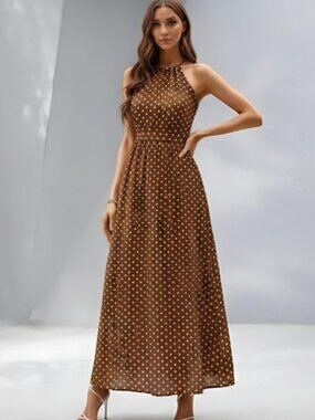 Polka Dot Print Halter Neck Dress Brown.
